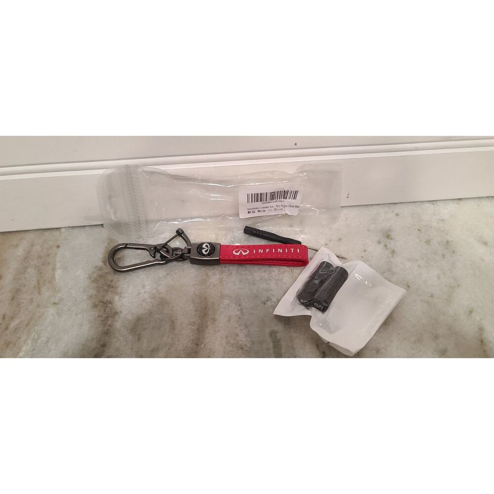 Infiniti Genuine Leather Red Chrome Keychain & Tire Valve Stem Caps